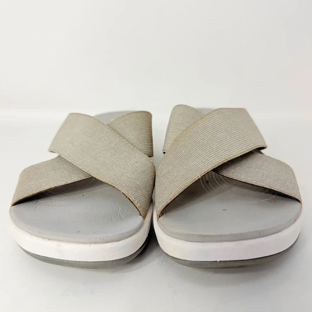 Clarks Cloudsteppers Arla Glison Women 8 M Taupe Metallic Elastic Slide Sandals
